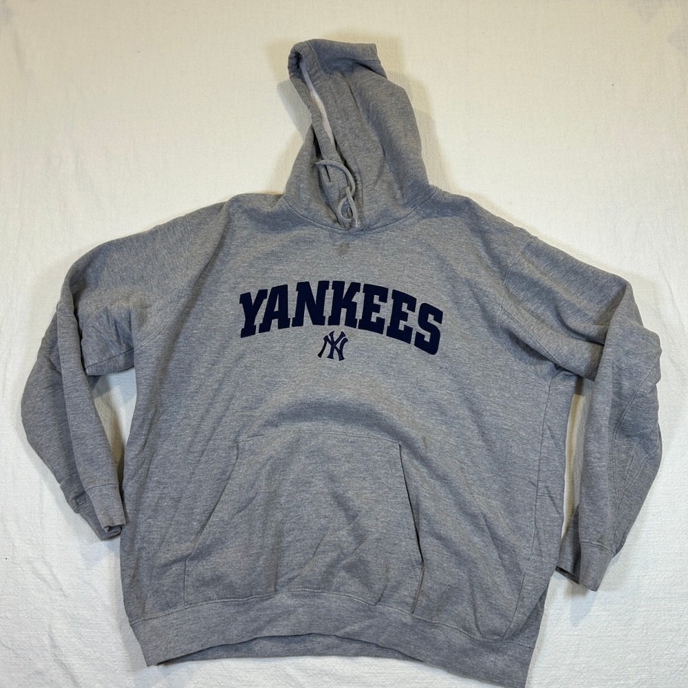 New York Yankees Hoodie Heather Gray Navy Blue Logo Mens XL MLB Majestic READ